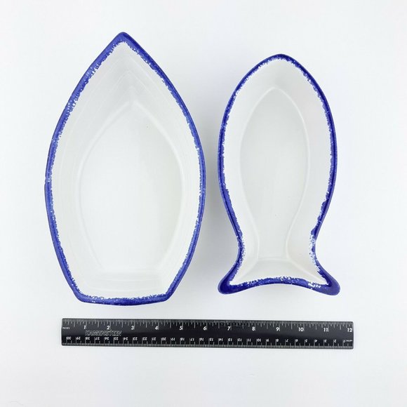 Fish Boat Shaped White Blue Ceramic Serving Dishes Made In Portugal Set Of 2 - Picture 6 of 12